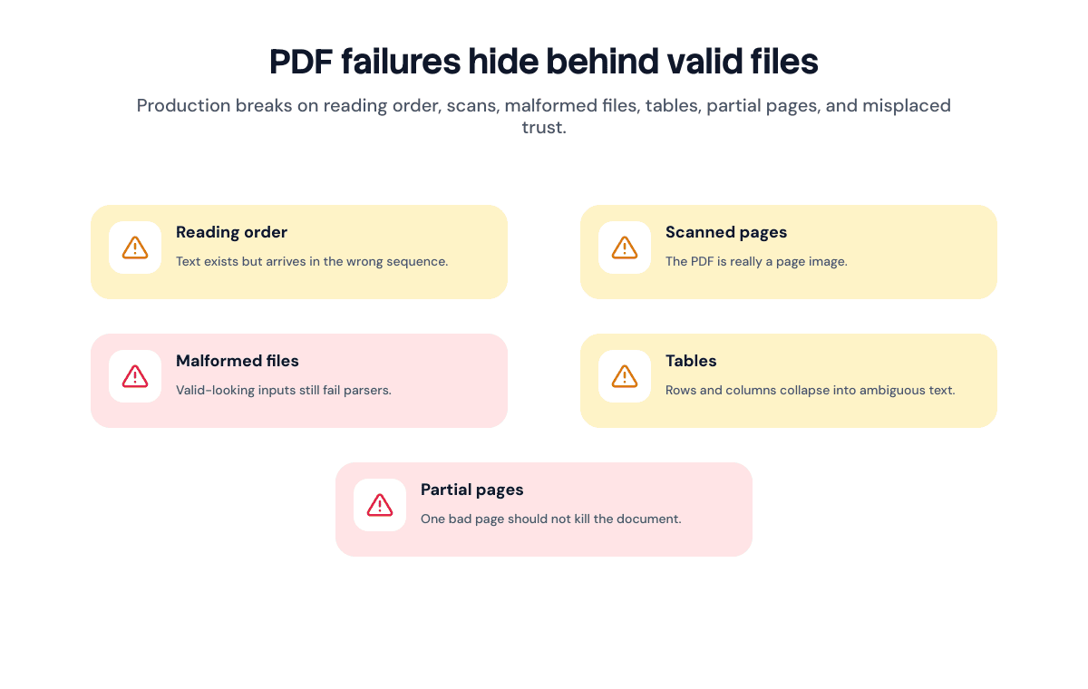 PDF processing failure modes diagram showing reading order issues, scanned documents, malformed files, table extraction, partial failures, and downstream trust