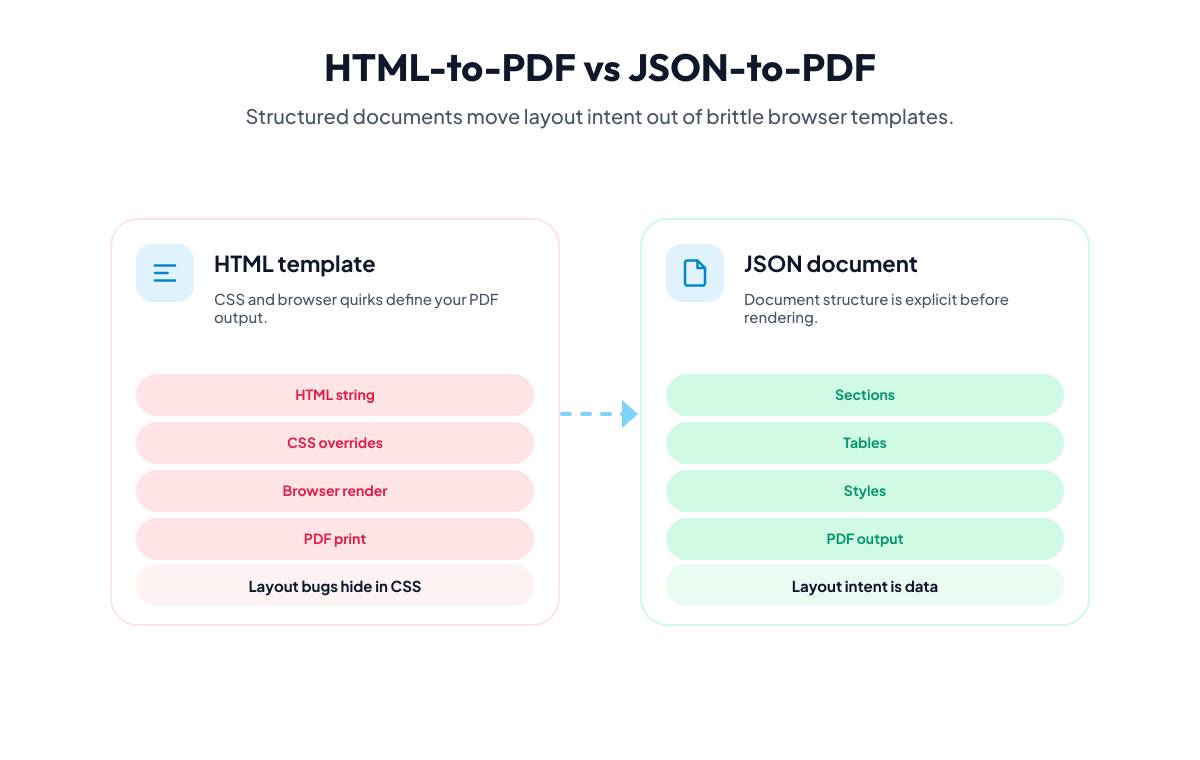 Side-by-side diagram comparing an HTML-to-PDF template pipeline with a JSON-to-PDF document generation workflow