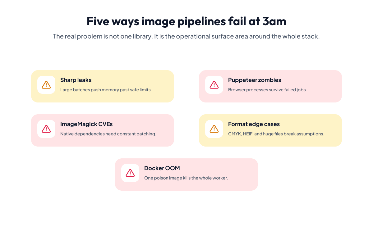Image pipeline failure modes diagram showing Sharp memory leaks, Puppeteer zombies, ImageMagick CVEs, format edge cases, and Docker OOM kills
